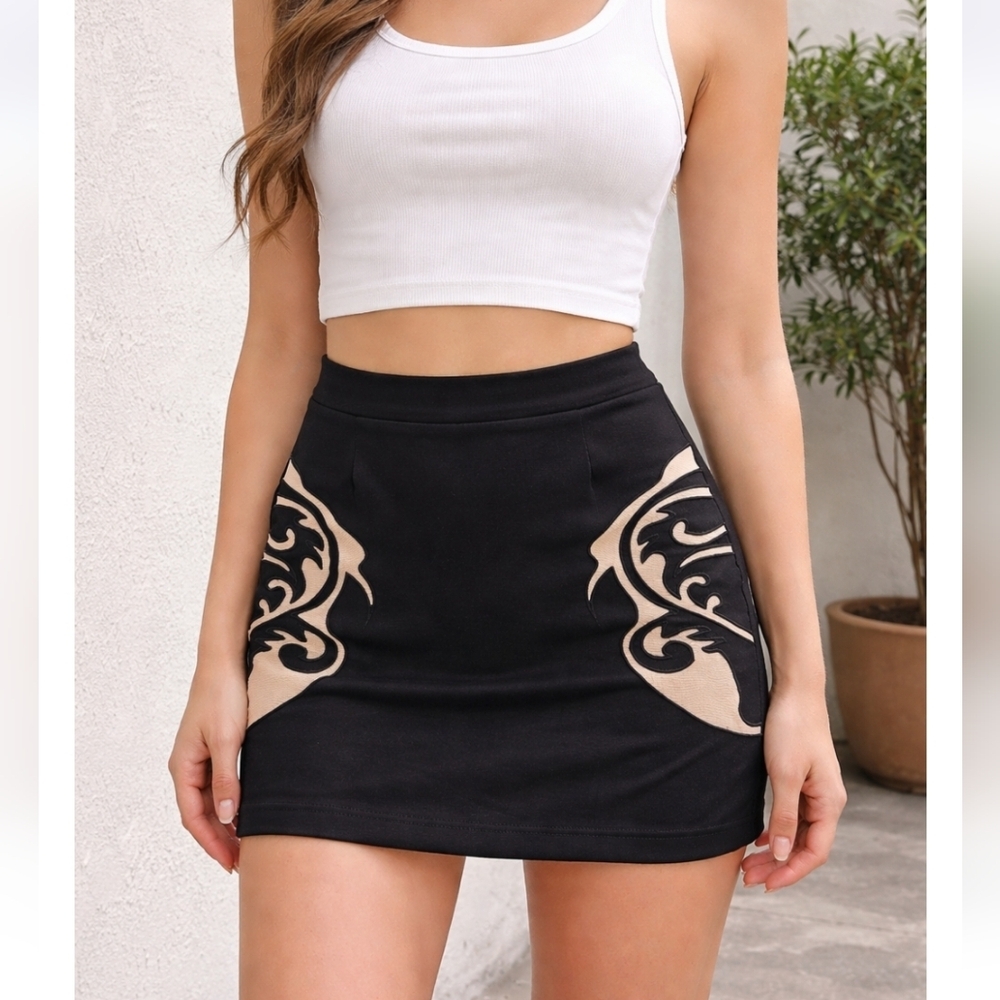 Mustard Seed Black Mini Skirt with Beige Tribal Panels